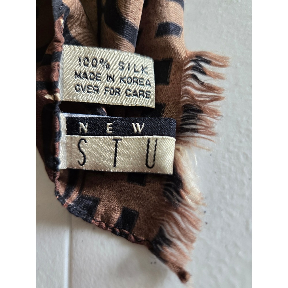 Studio New York 100% Silk Scarf Brown Black Tribal Geometric Print Fringed Korea - Picture 2 of 6